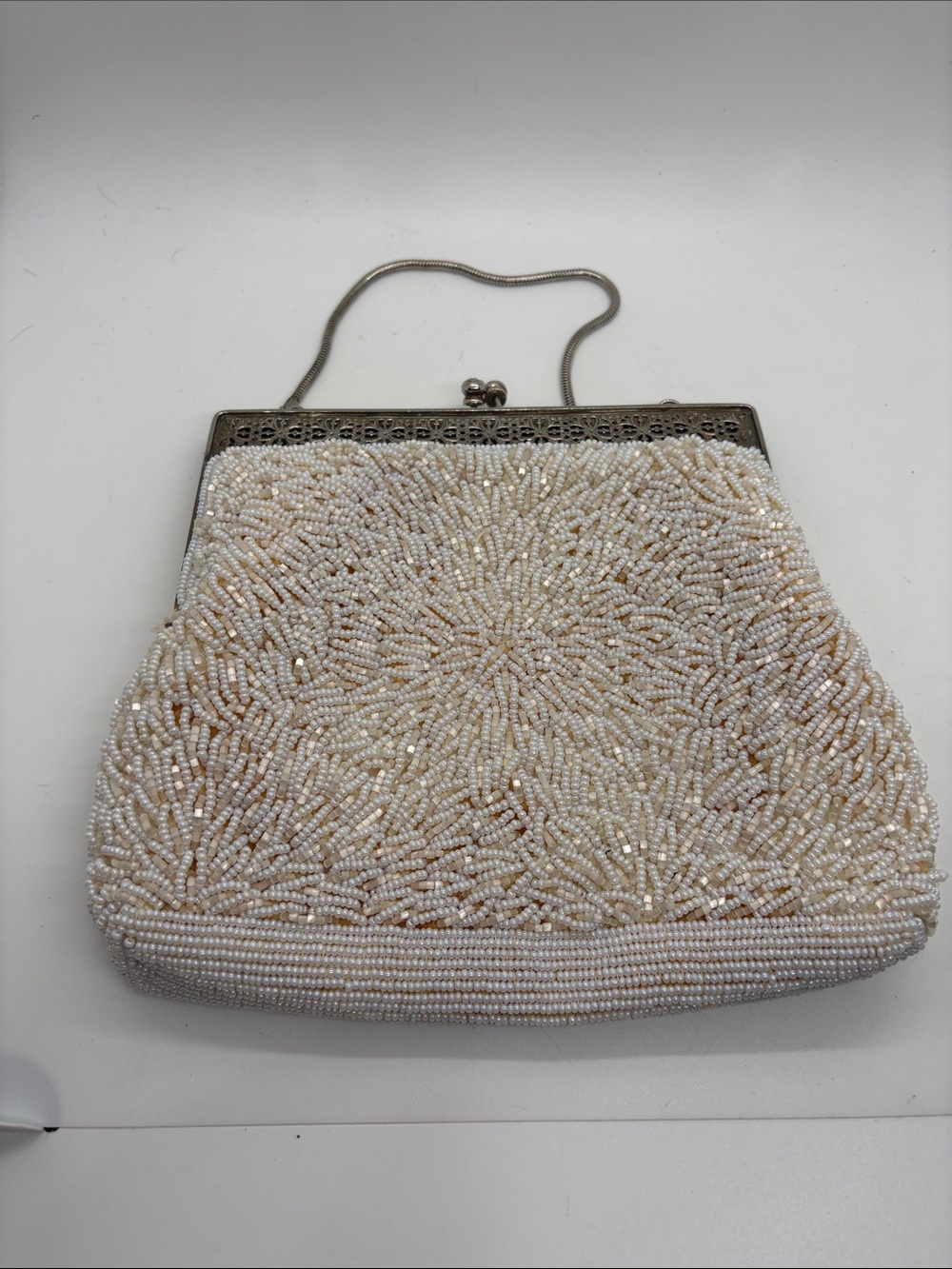 Vintage Beaded Cream Silver Metallic Handbag Purse